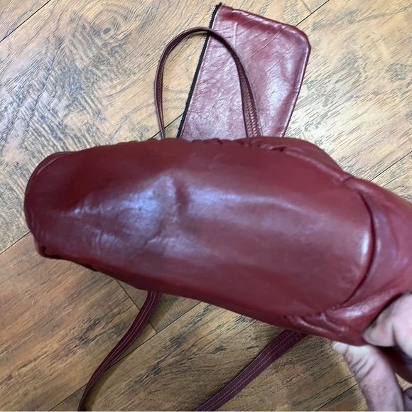 Vintage red leather ball clasp close purse canvas lined attach coin bag straps - Picture 11 of 16